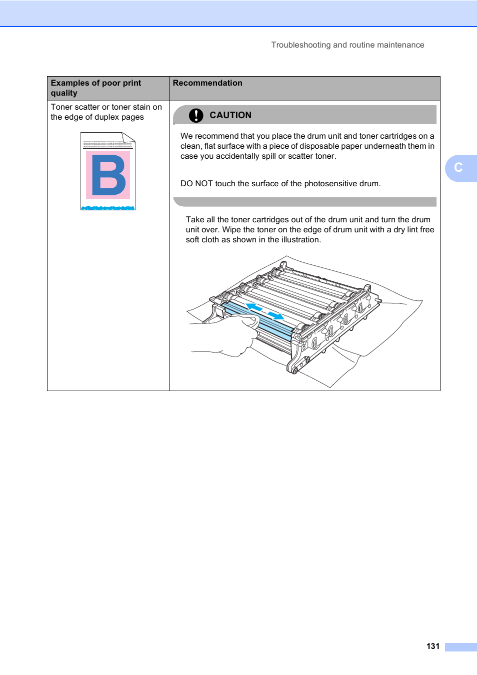 Caution, Troubleshooting and routine maintenance 131, Examples of poor print quality recommendation | Brother MFC 9840CDW User Manual | Page 147 / 265