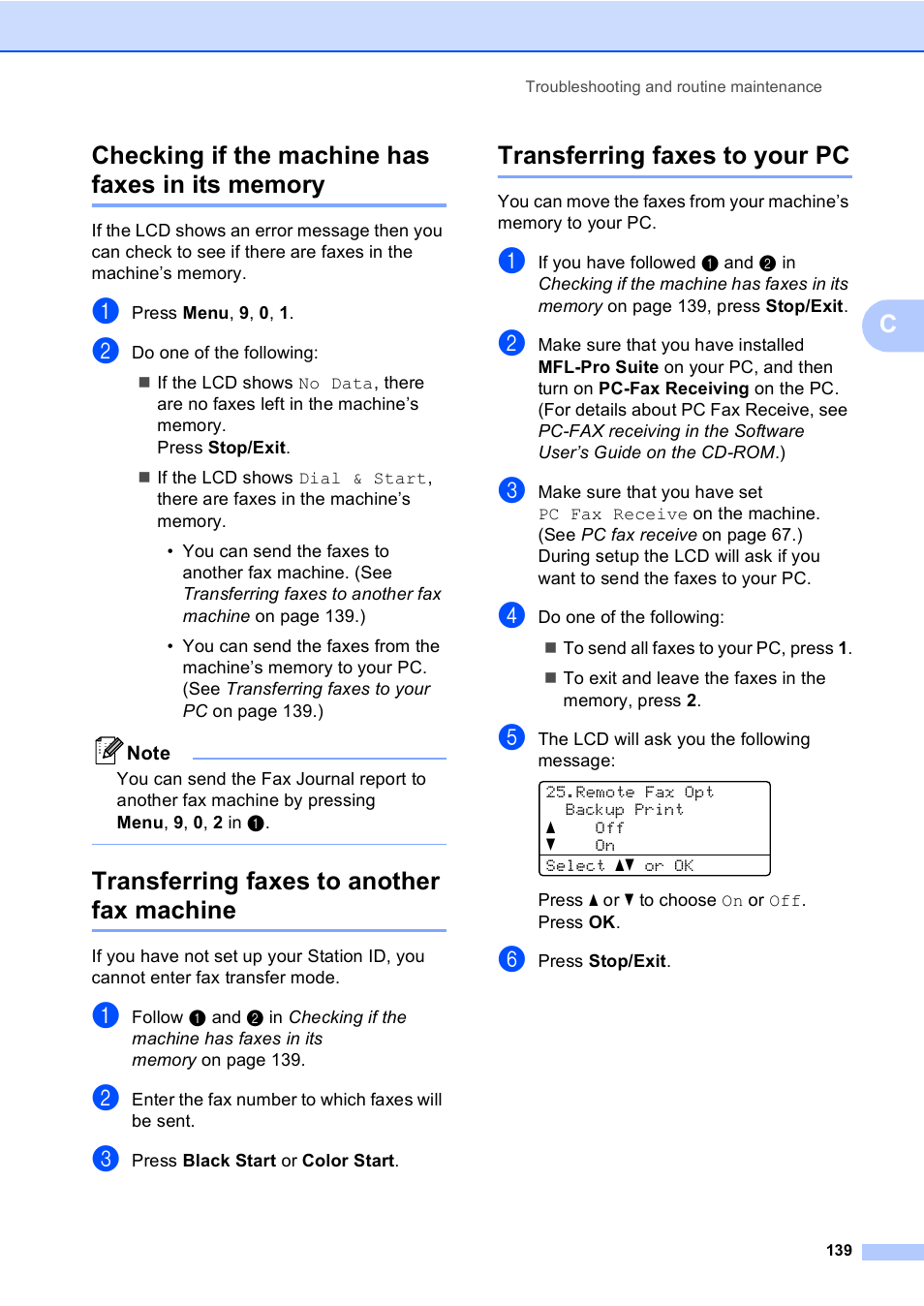 Checking if the machine has faxes in its memory, Transferring faxes to another fax machine, Transferring faxes to your pc | Brother MFC 9840CDW User Manual | Page 155 / 265