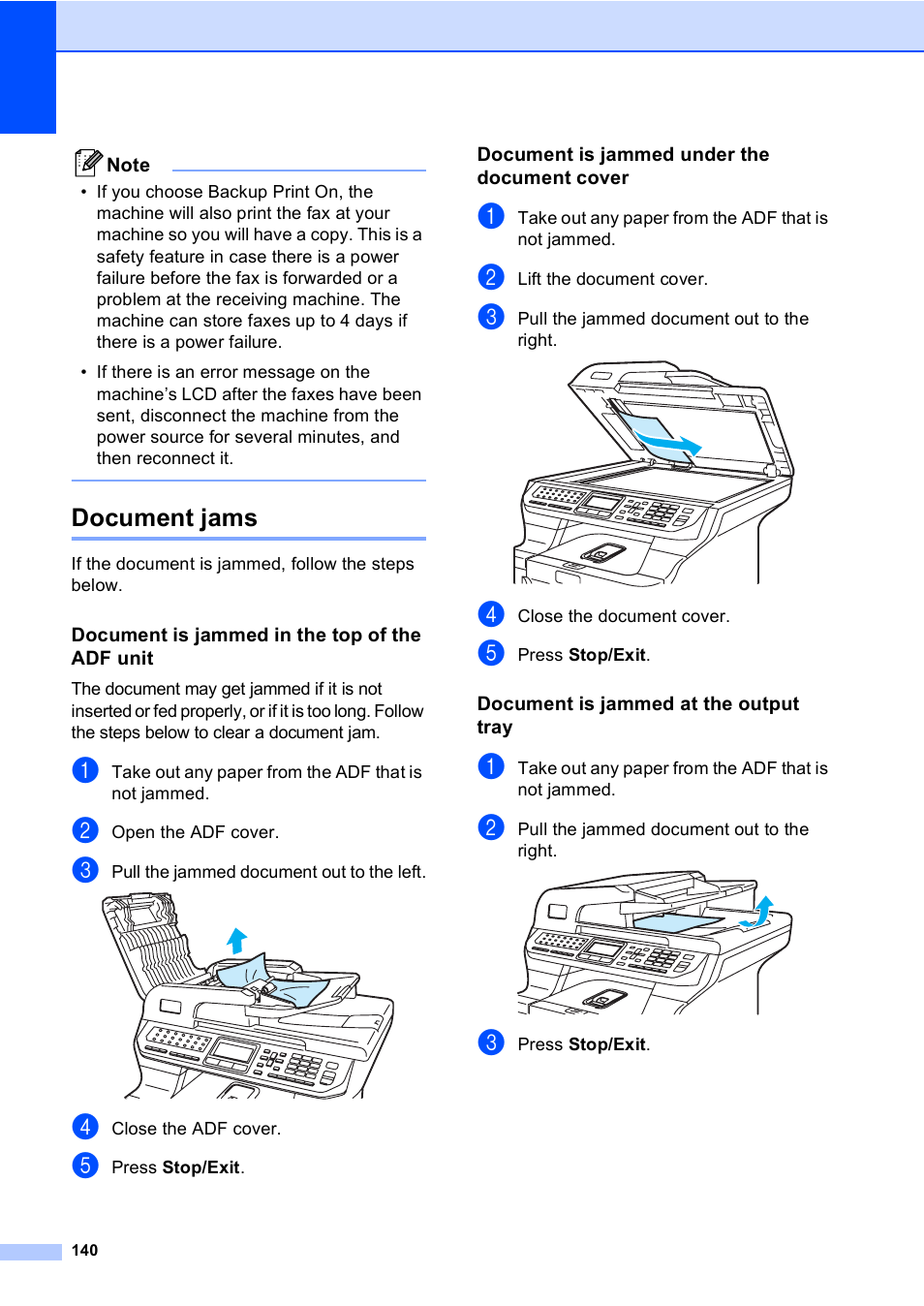 Document jams, Document is jammed in the top of the adf unit, Document is jammed under the document cover | Document is jammed at the output tray | Brother MFC 9840CDW User Manual | Page 156 / 265