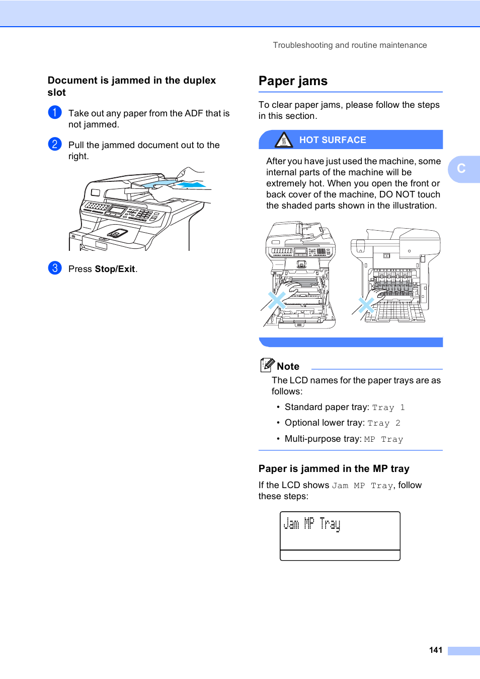 Document is jammed in the duplex slot, Paper jams, Paper is jammed in the mp tray | Jam mp tray | Brother MFC 9840CDW User Manual | Page 157 / 265