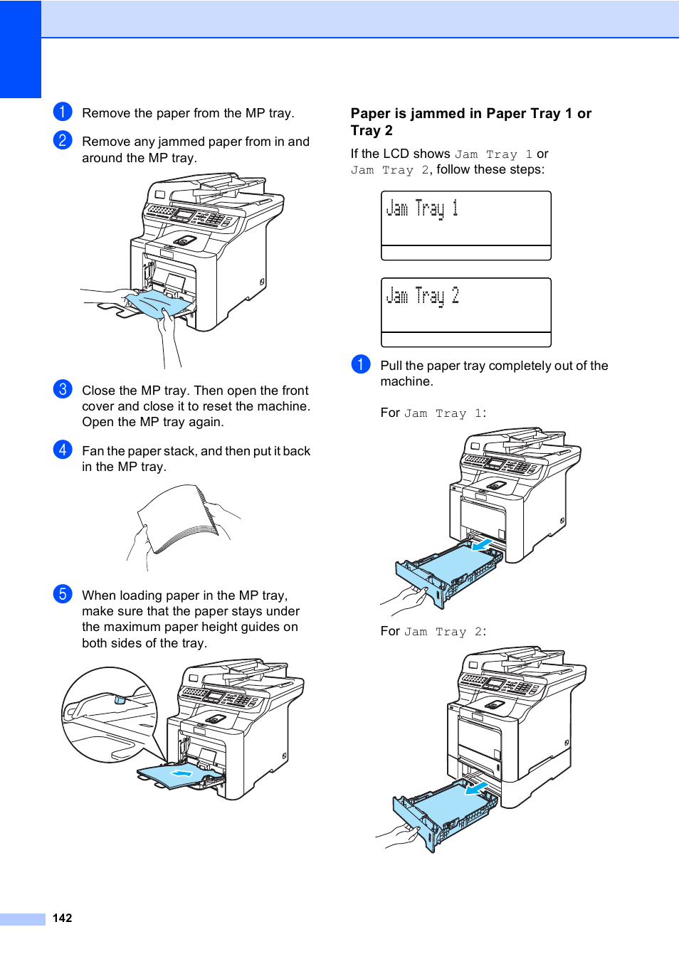 Paper is jammed in paper tray 1 or tray 2, Jam tray 1, Jam tray 2 | Brother MFC 9840CDW User Manual | Page 158 / 265