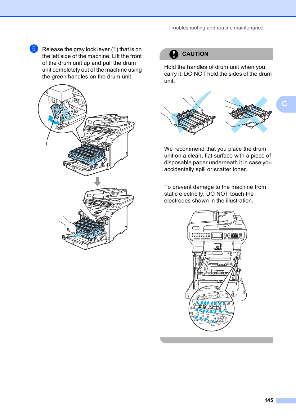 Caution, Troubleshooting and routine maintenance 145 | Brother MFC 9840CDW User Manual | Page 161 / 265