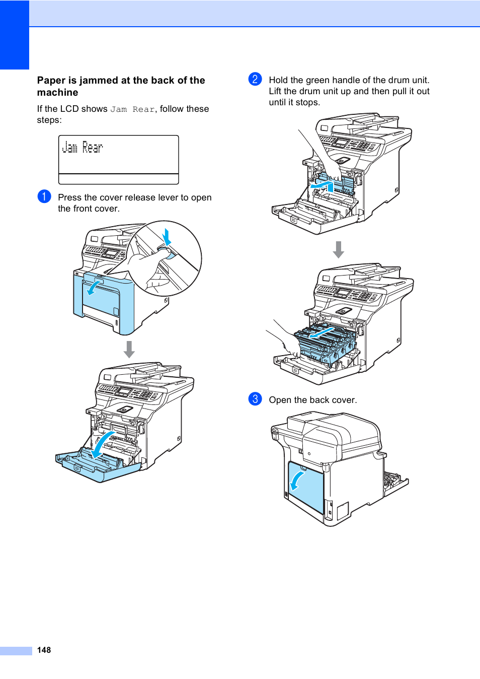 Paper is jammed at the back of the machine, Jam rear | Brother MFC 9840CDW User Manual | Page 164 / 265