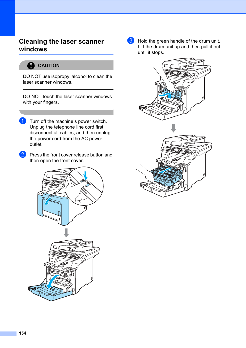 Cleaning the laser scanner windows, Caution | Brother MFC 9840CDW User Manual | Page 170 / 265