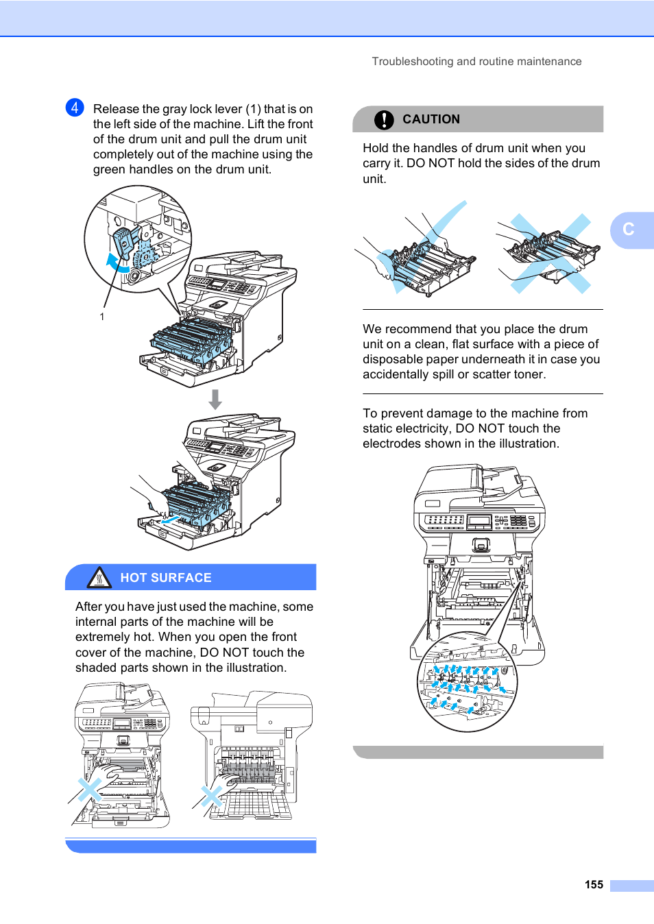 Hot surface, Caution, Troubleshooting and routine maintenance 155 | Brother MFC 9840CDW User Manual | Page 171 / 265