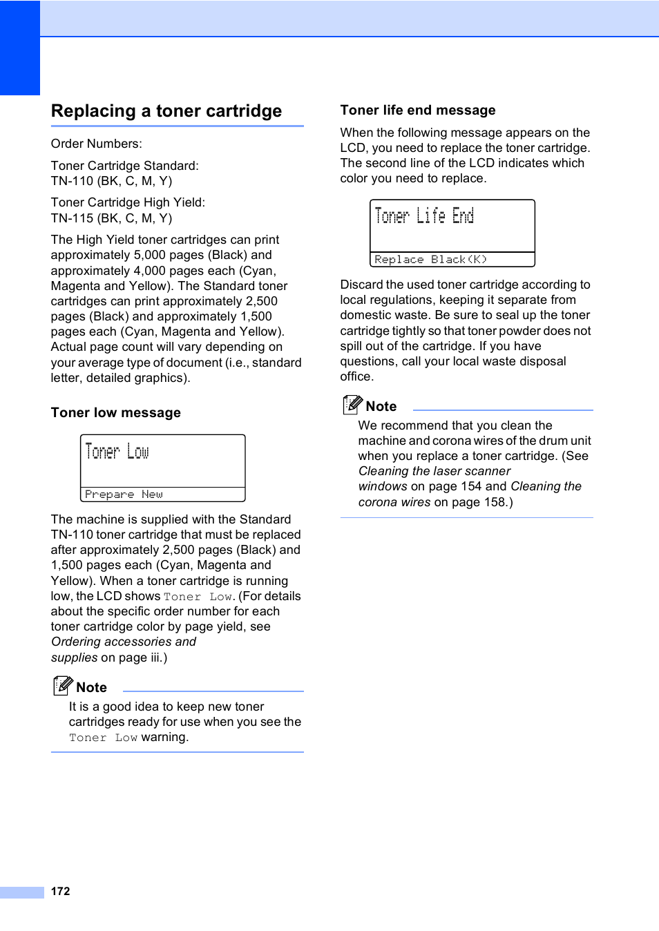 Replacing a toner cartridge, Toner low message, Toner life end message | Toner low, Toner life end | Brother MFC 9840CDW User Manual | Page 188 / 265