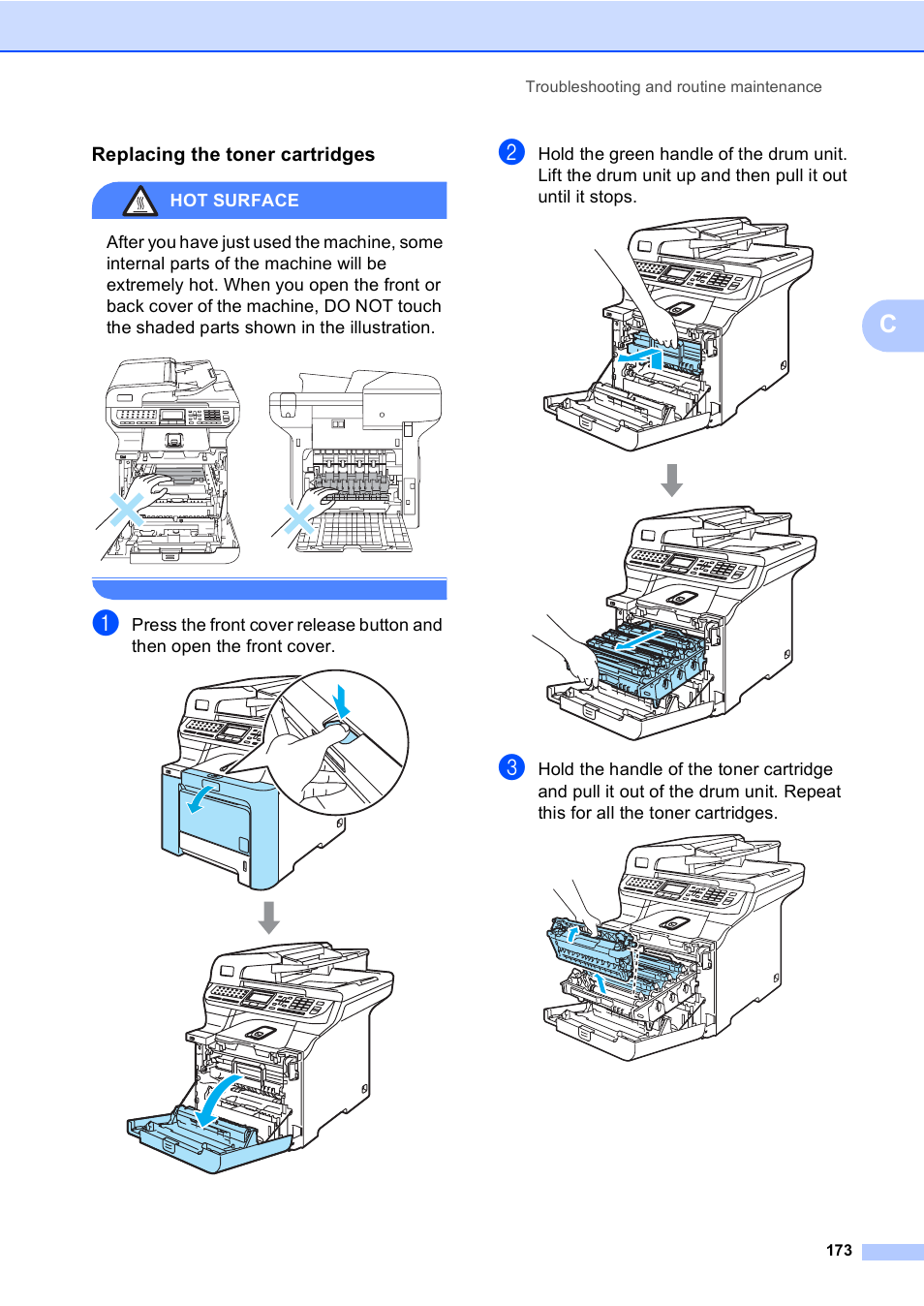 Replacing the toner cartridges, Hot surface | Brother MFC 9840CDW User Manual | Page 189 / 265