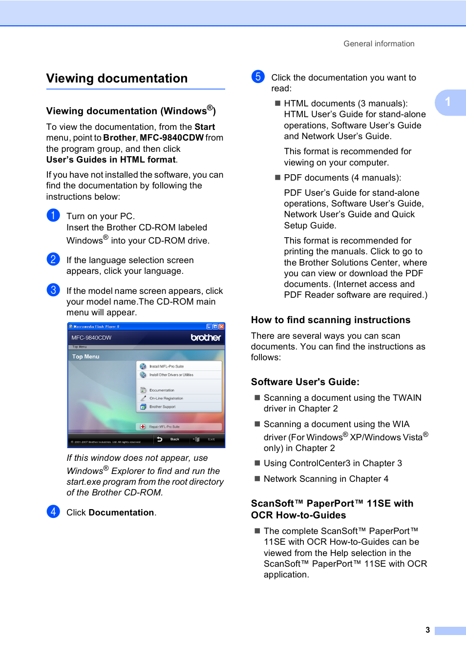 Viewing documentation, Viewing documentation (windows®), How to find scanning instructions | Software user's guide, Scansoft™ paperport™ 11se with ocr how-to-guides, 1viewing documentation | Brother MFC 9840CDW User Manual | Page 19 / 265