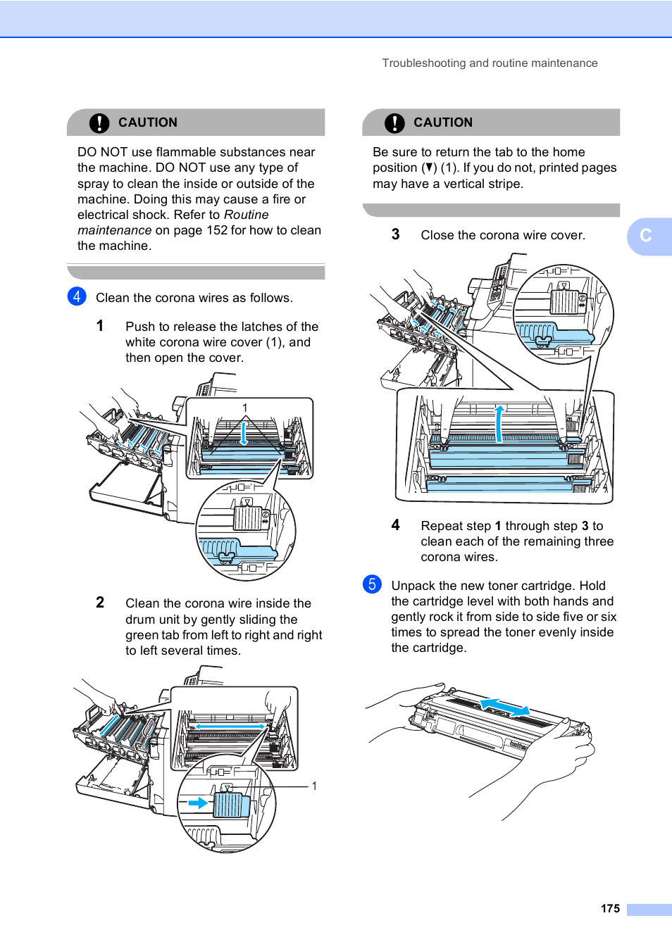 Caution, Clean the corona wires as follows, Close the corona wire cover | Brother MFC 9840CDW User Manual | Page 191 / 265