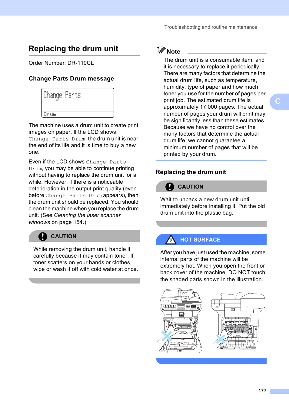 Replacing the drum unit, Change parts drum message, Change parts | Creplacing the drum unit, Order number: dr-110cl, Caution, Hot surface | Brother MFC 9840CDW User Manual | Page 193 / 265