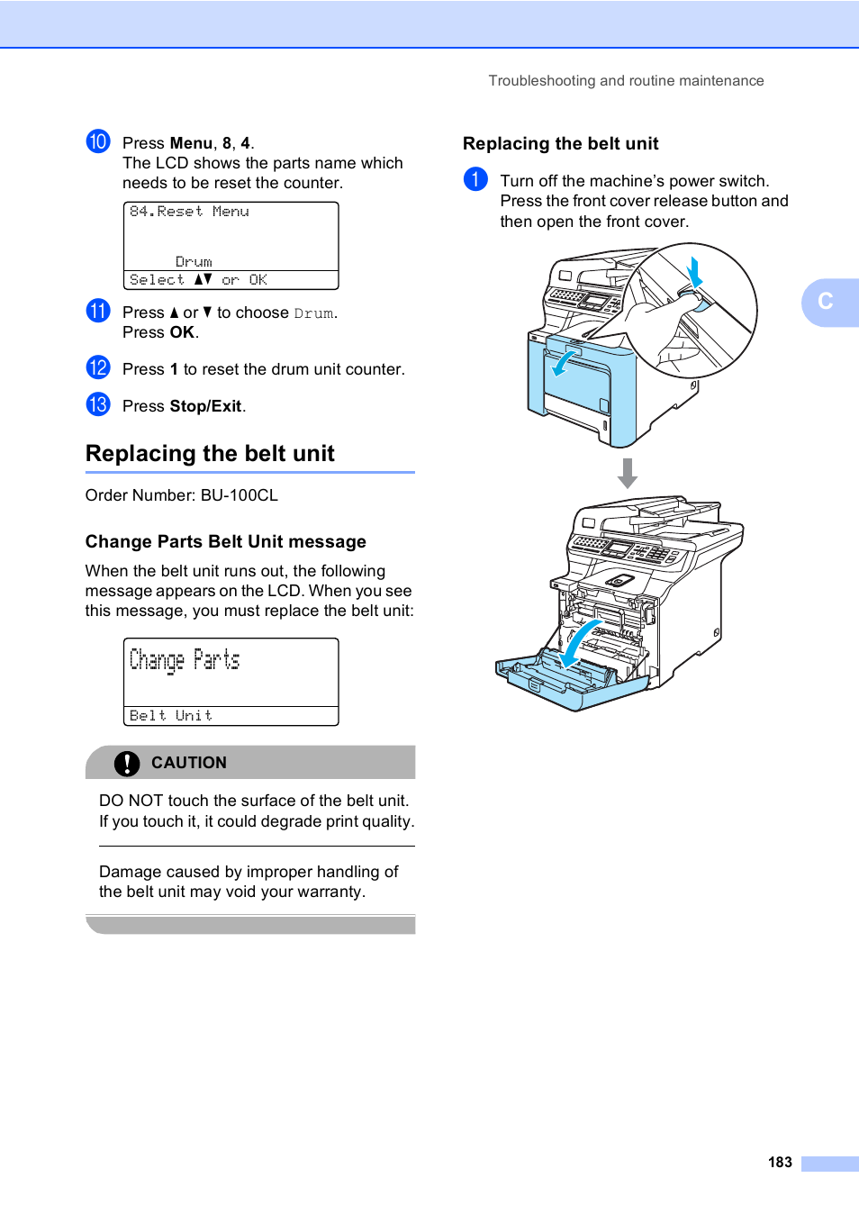 Replacing the belt unit, Change parts belt unit message, Change parts | Brother MFC 9840CDW User Manual | Page 199 / 265