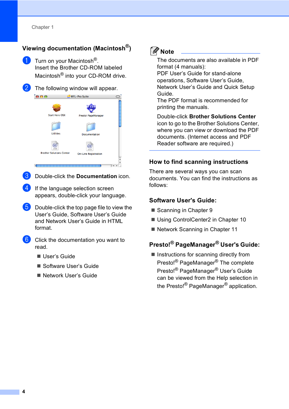 Viewing documentation (macintosh®), How to find scanning instructions, Software user's guide | Brother MFC 9840CDW User Manual | Page 20 / 265
