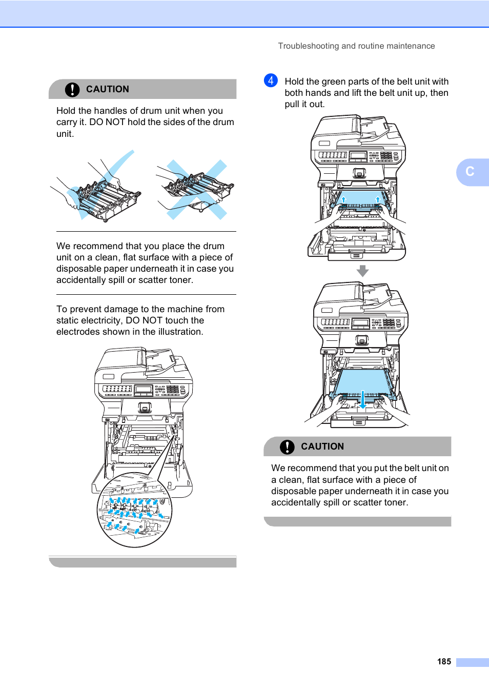 Caution, Troubleshooting and routine maintenance 185 | Brother MFC 9840CDW User Manual | Page 201 / 265