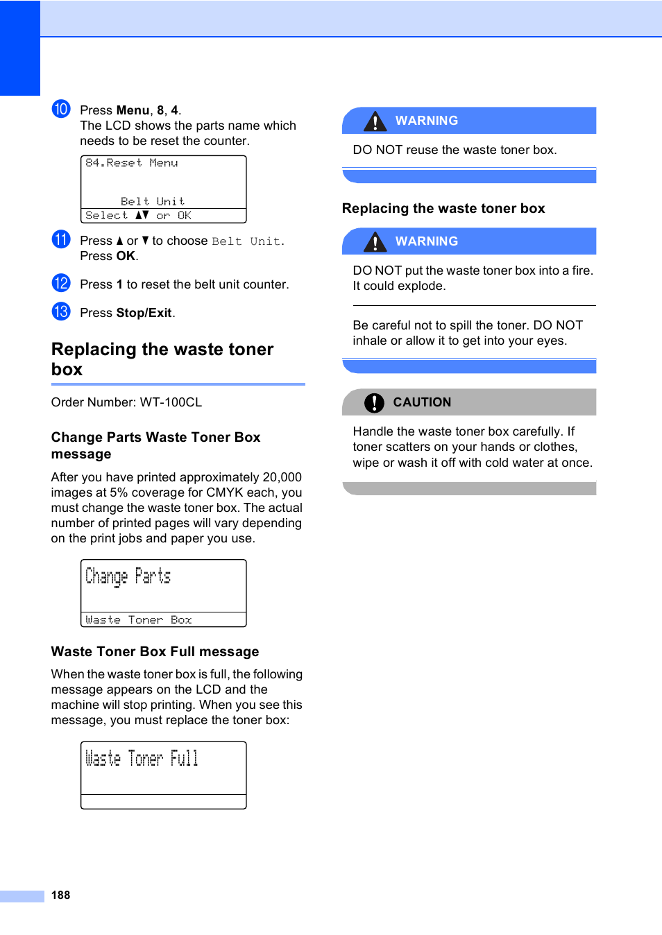 Replacing the waste toner box, Change parts waste toner box message, Waste toner box full message | Change parts, Waste toner full | Brother MFC 9840CDW User Manual | Page 204 / 265