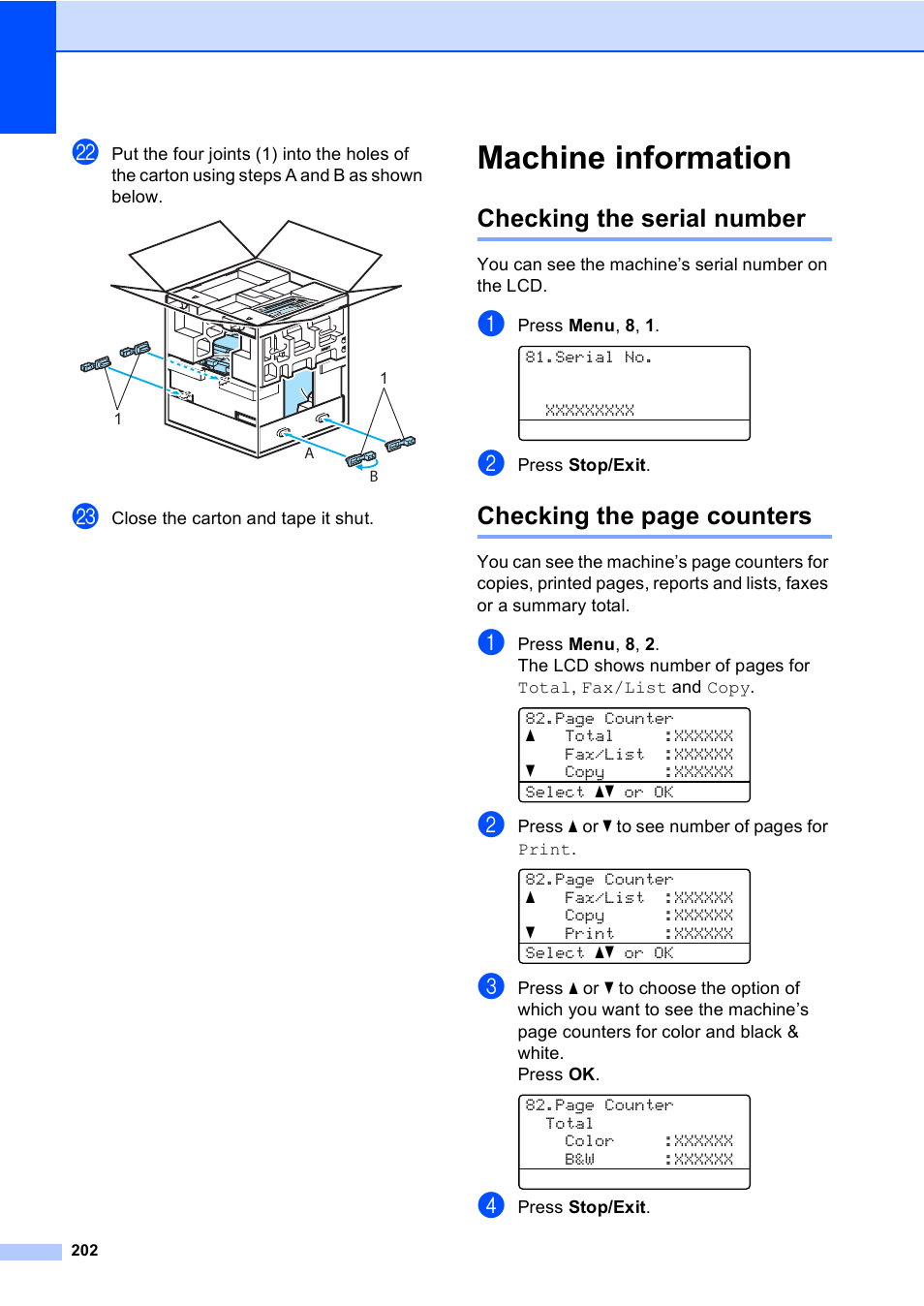 Machine information, Checking the serial number, Checking the page counters | Brother MFC 9840CDW User Manual | Page 218 / 265