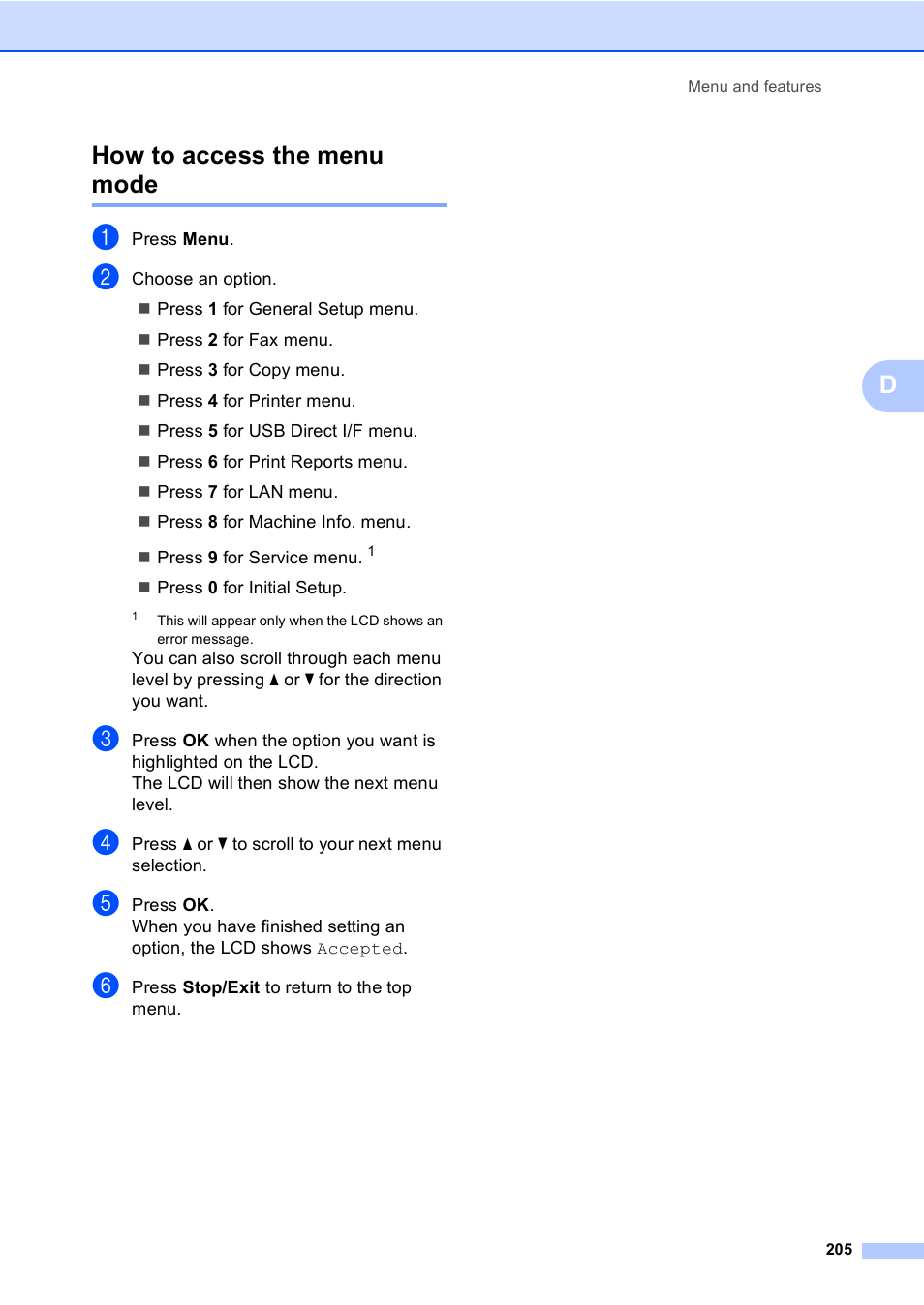 How to access the menu mode, Dhow to access the menu mode | Brother MFC 9840CDW User Manual | Page 221 / 265