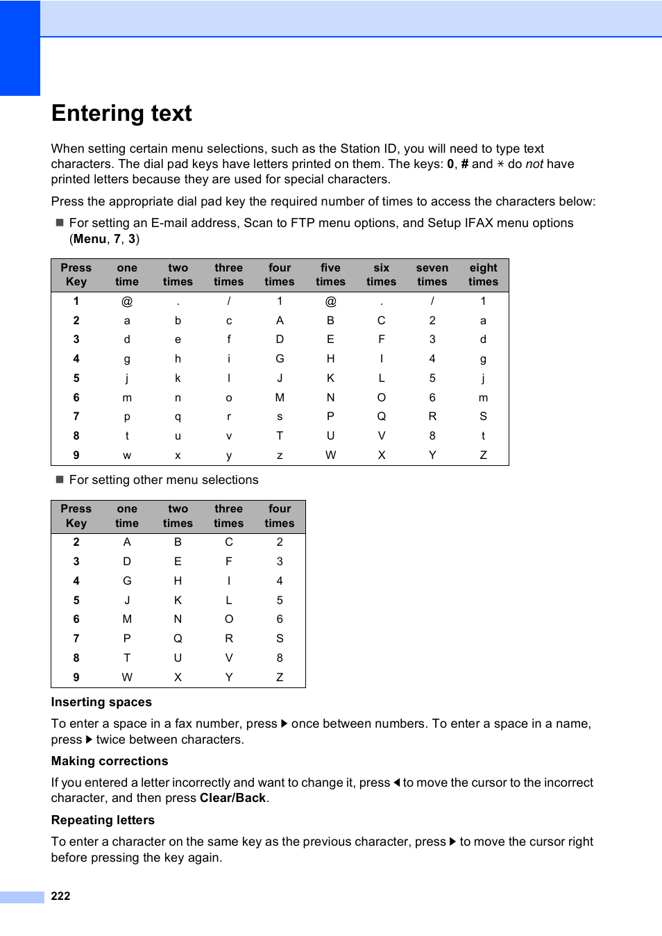 Entering text, Entering text on | Brother MFC 9840CDW User Manual | Page 238 / 265