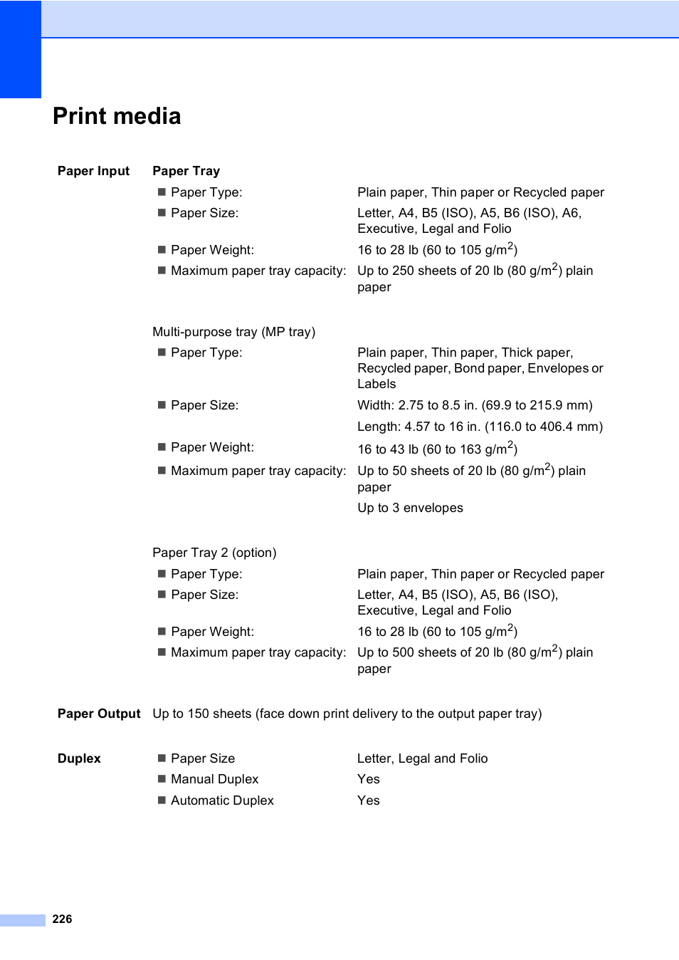 Print media | Brother MFC 9840CDW User Manual | Page 242 / 265