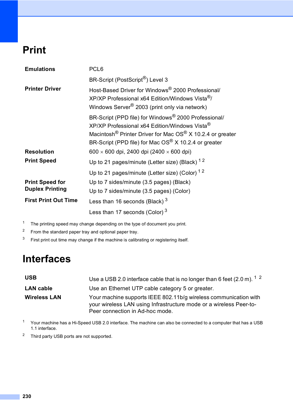 Print, Interfaces, Print interfaces | Brother MFC 9840CDW User Manual | Page 246 / 265