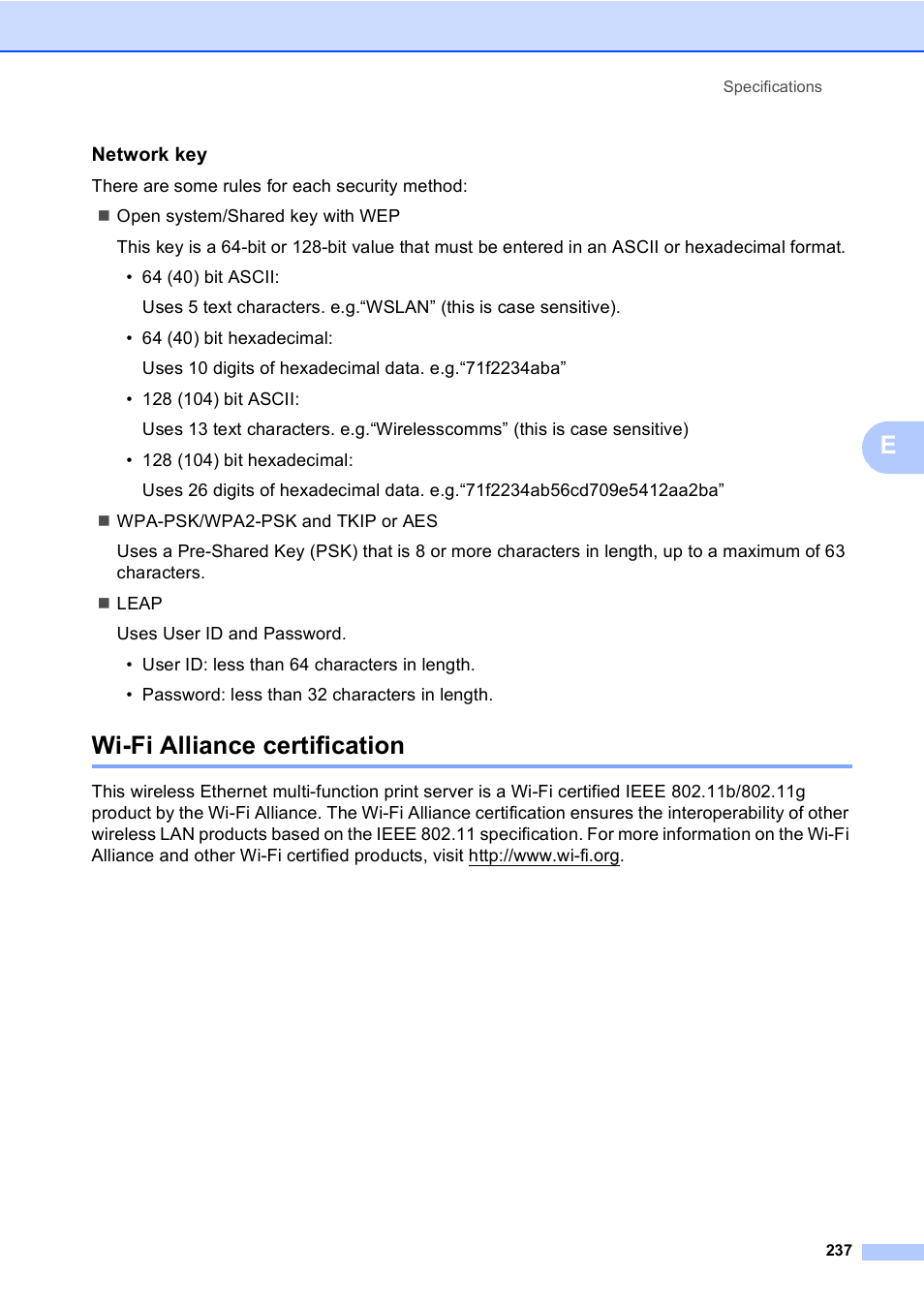 Network key, Wi-fi alliance certification | Brother MFC 9840CDW User Manual | Page 253 / 265