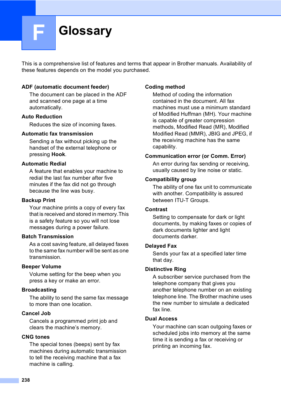 F glossary, Glossary | Brother MFC 9840CDW User Manual | Page 254 / 265