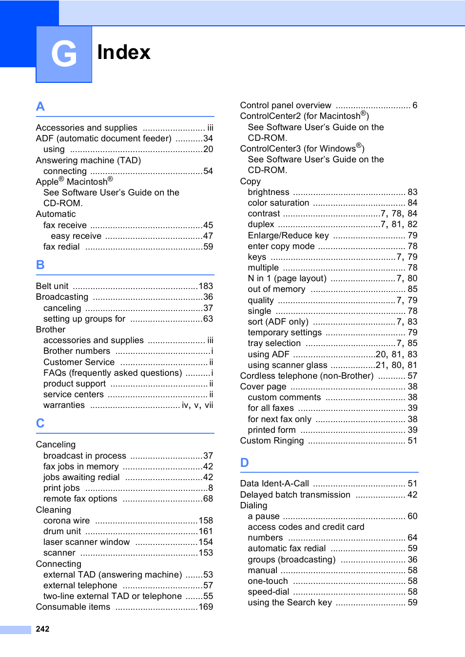 Index | Brother MFC 9840CDW User Manual | Page 258 / 265