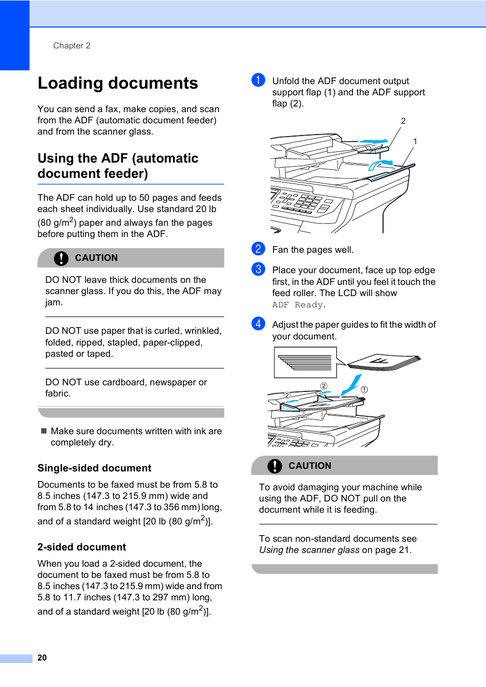 Loading documents, Using the adf (automatic document feeder), Single-sided document | Sided document, Do not use cardboard, newspaper or fabric, Fan the pages well, Caution | Brother MFC 9840CDW User Manual | Page 36 / 265