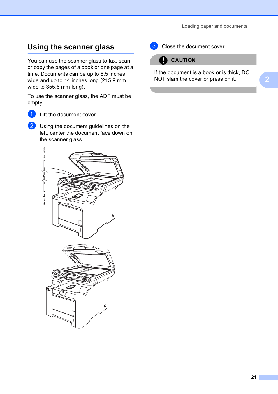 Using the scanner glass, 2using the scanner glass | Brother MFC 9840CDW User Manual | Page 37 / 265