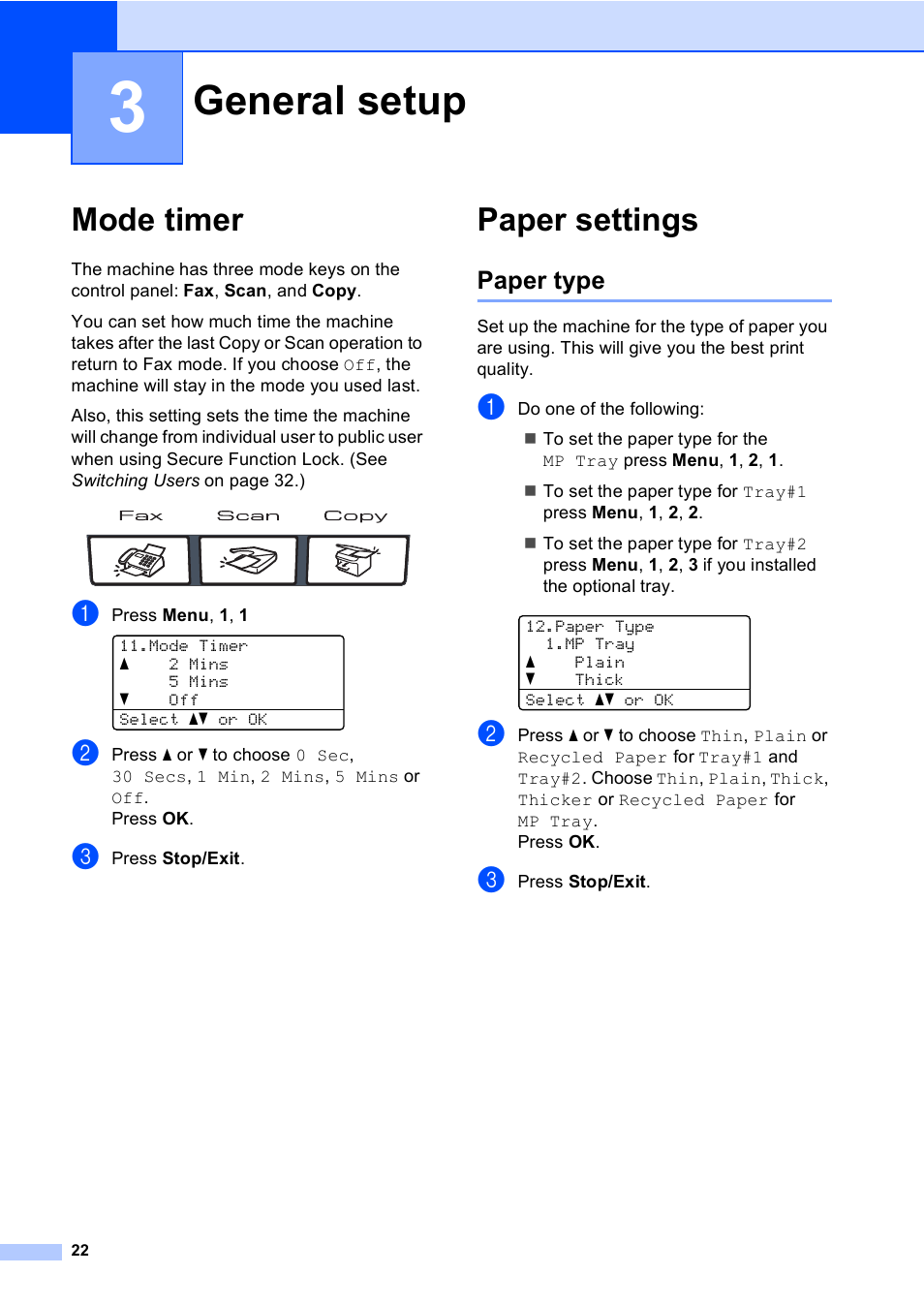 3 general setup, Mode timer, Paper settings | Paper type, General setup, Mode timer paper settings | Brother MFC 9840CDW User Manual | Page 38 / 265