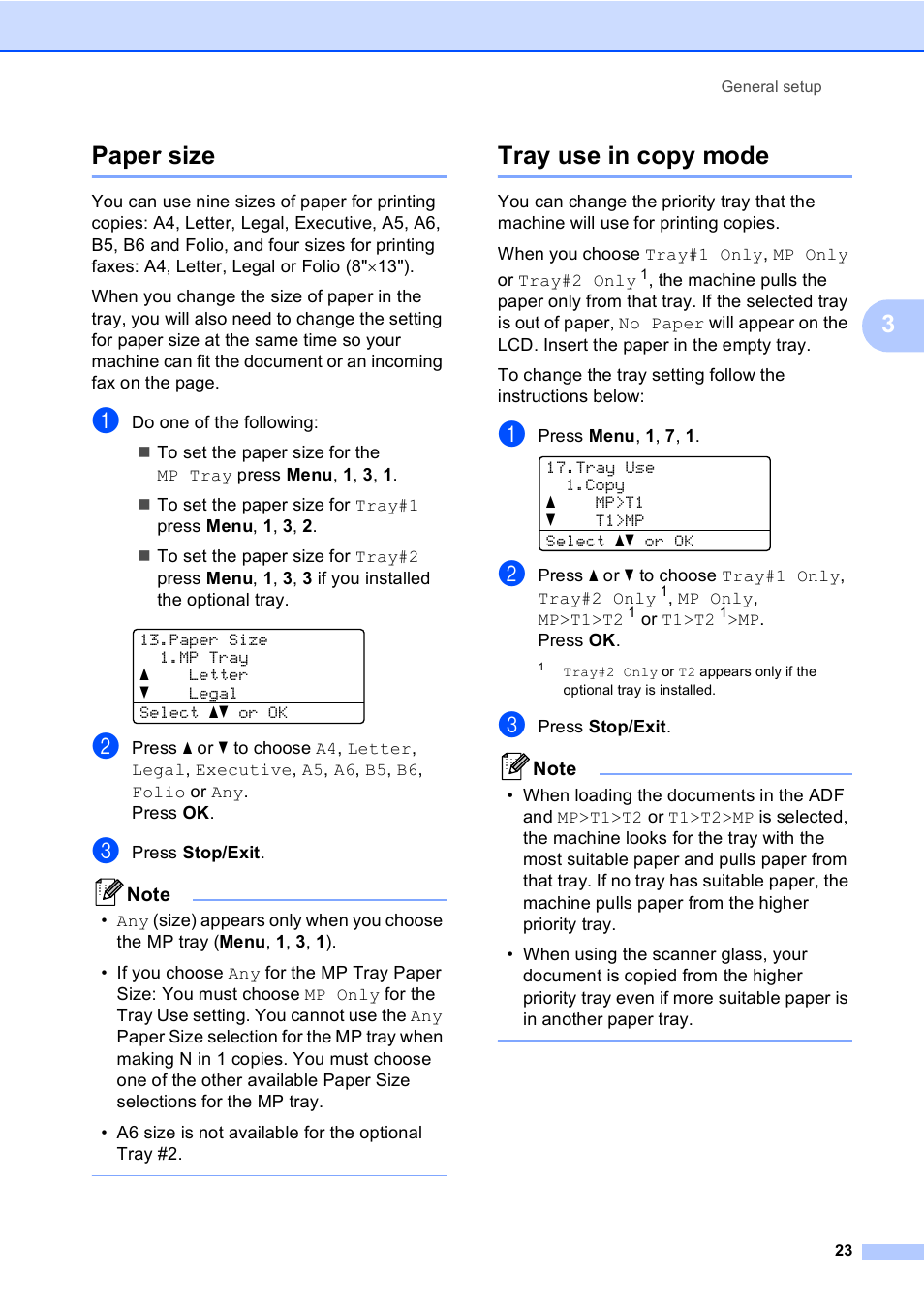 Paper size, Tray use in copy mode, Paper size tray use in copy mode | 3paper size | Brother MFC 9840CDW User Manual | Page 39 / 265