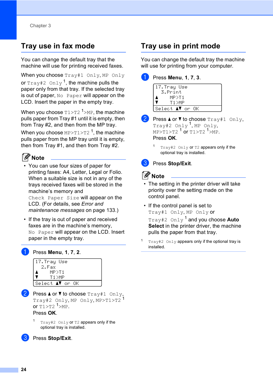 Tray use in fax mode, Tray use in print mode, Tray use in fax mode tray use in print mode | Brother MFC 9840CDW User Manual | Page 40 / 265