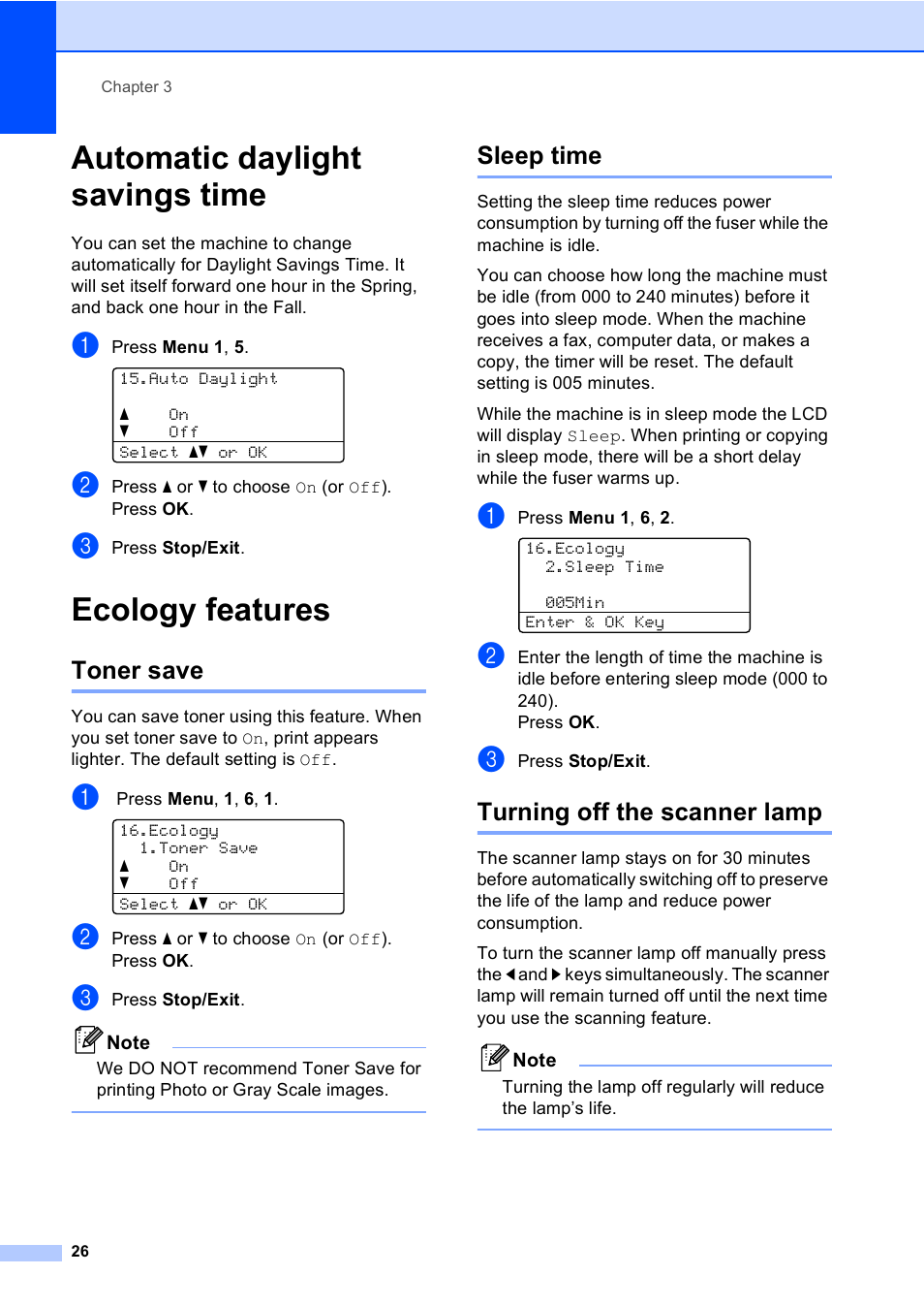 Automatic daylight savings time, Ecology features, Toner save | Sleep time, Turning off the scanner lamp, Automatic daylight savings time ecology features, Toner save sleep time turning off the scanner lamp | Brother MFC 9840CDW User Manual | Page 42 / 265