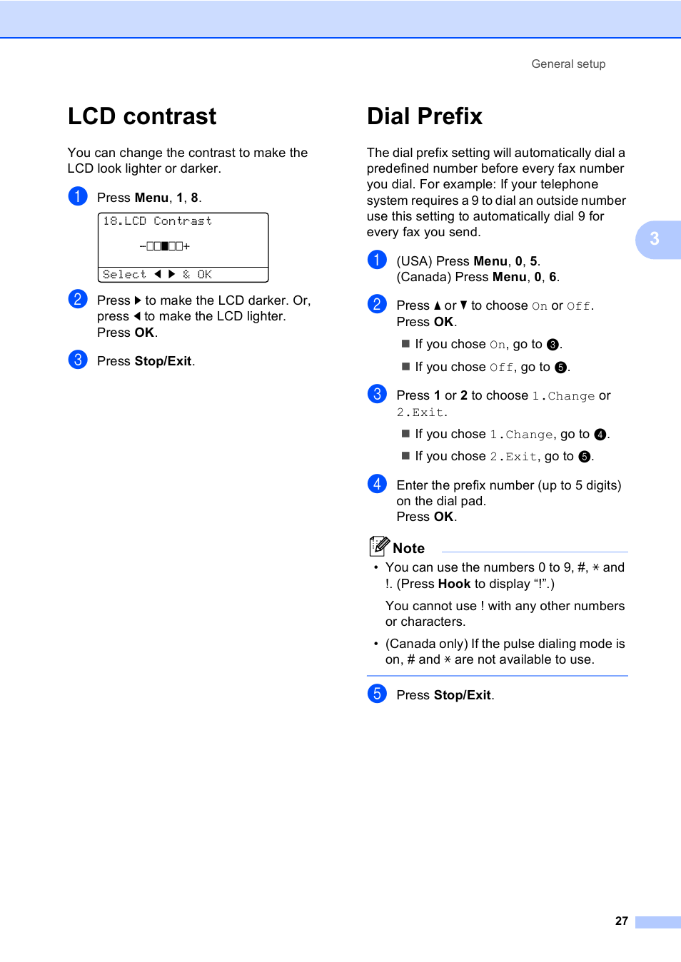 Lcd contrast, Dial prefix, Lcd contrast dial prefix | Brother MFC 9840CDW User Manual | Page 43 / 265