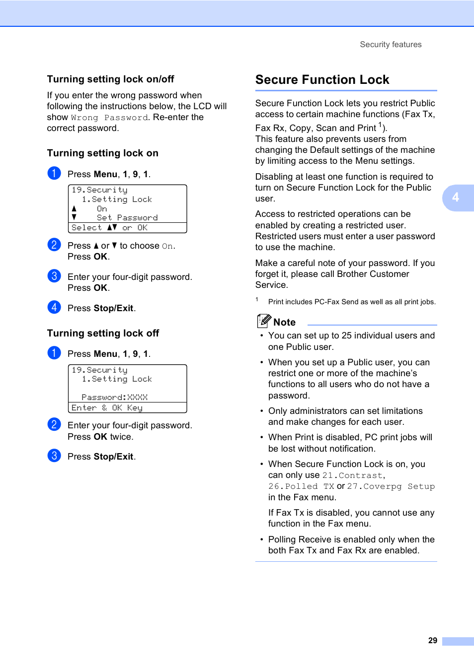 Turning setting lock on/off, Turning setting lock on, Turning setting lock off | Secure function lock | Brother MFC 9840CDW User Manual | Page 45 / 265