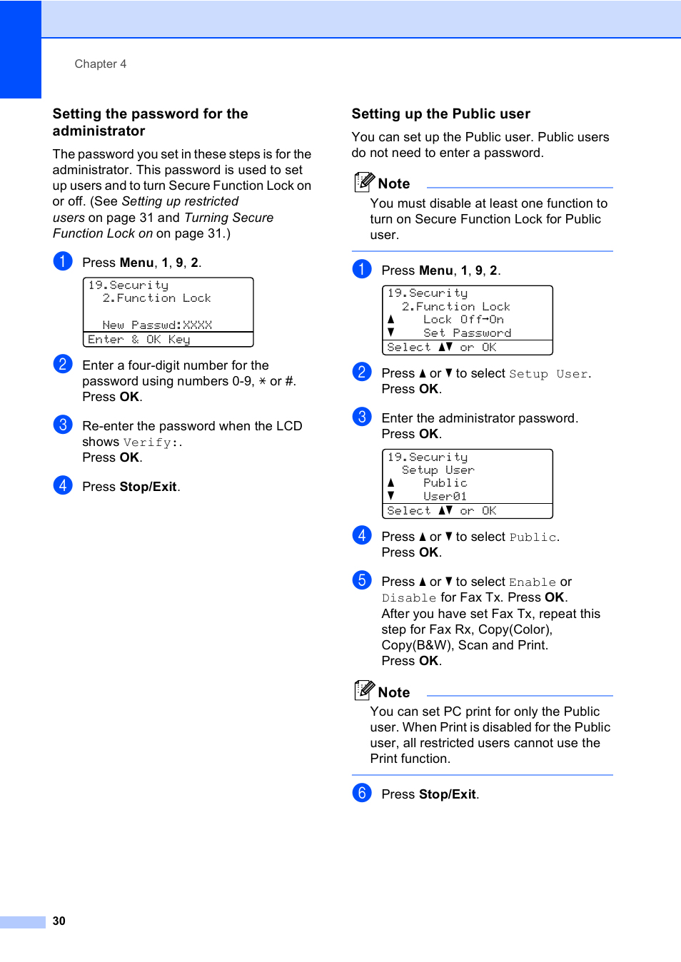 Setting the password for the administrator, Setting up the public user | Brother MFC 9840CDW User Manual | Page 46 / 265