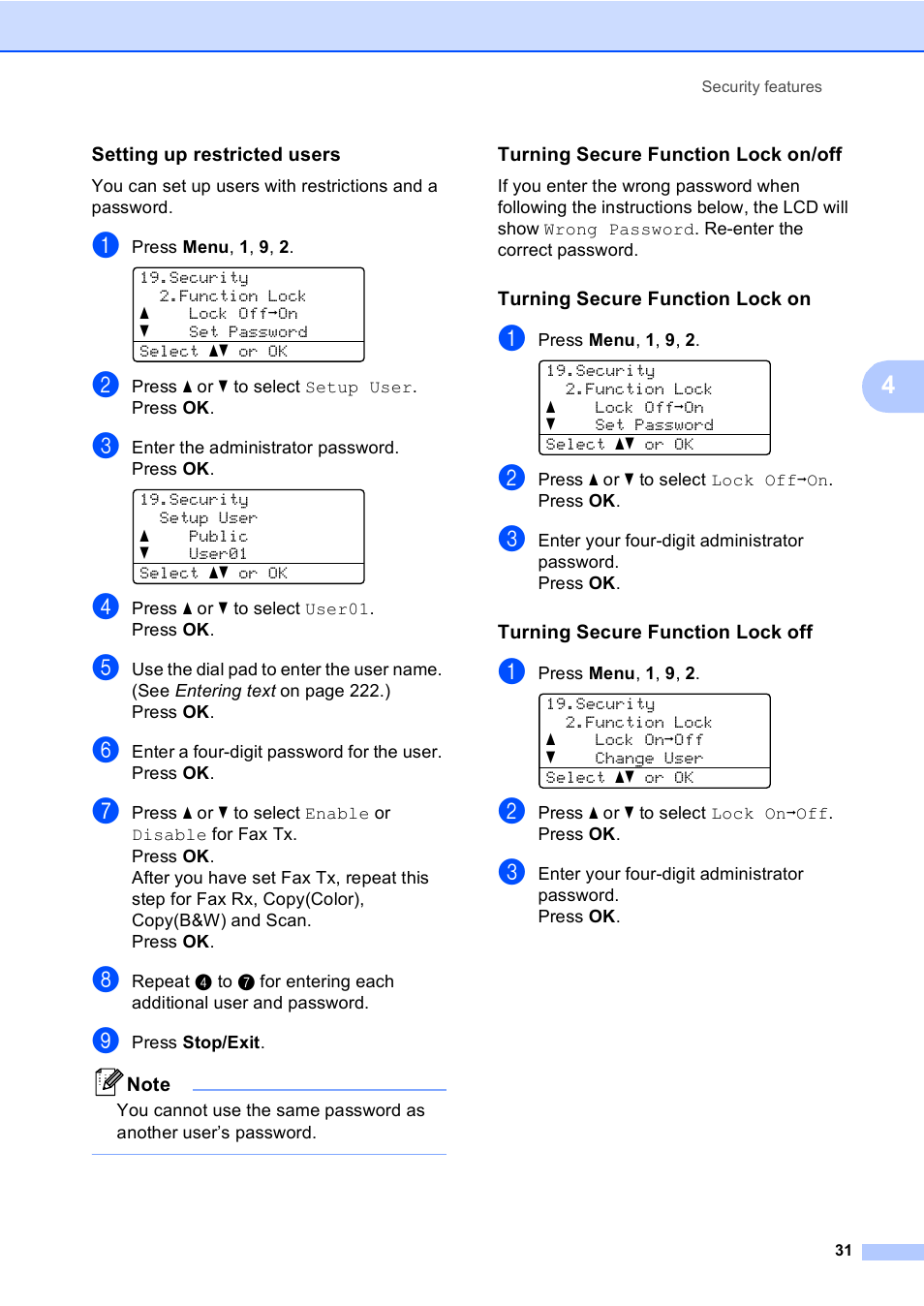 Setting up restricted users, Turning secure function lock on/off, Turning secure function lock on | Turning secure function lock off | Brother MFC 9840CDW User Manual | Page 47 / 265