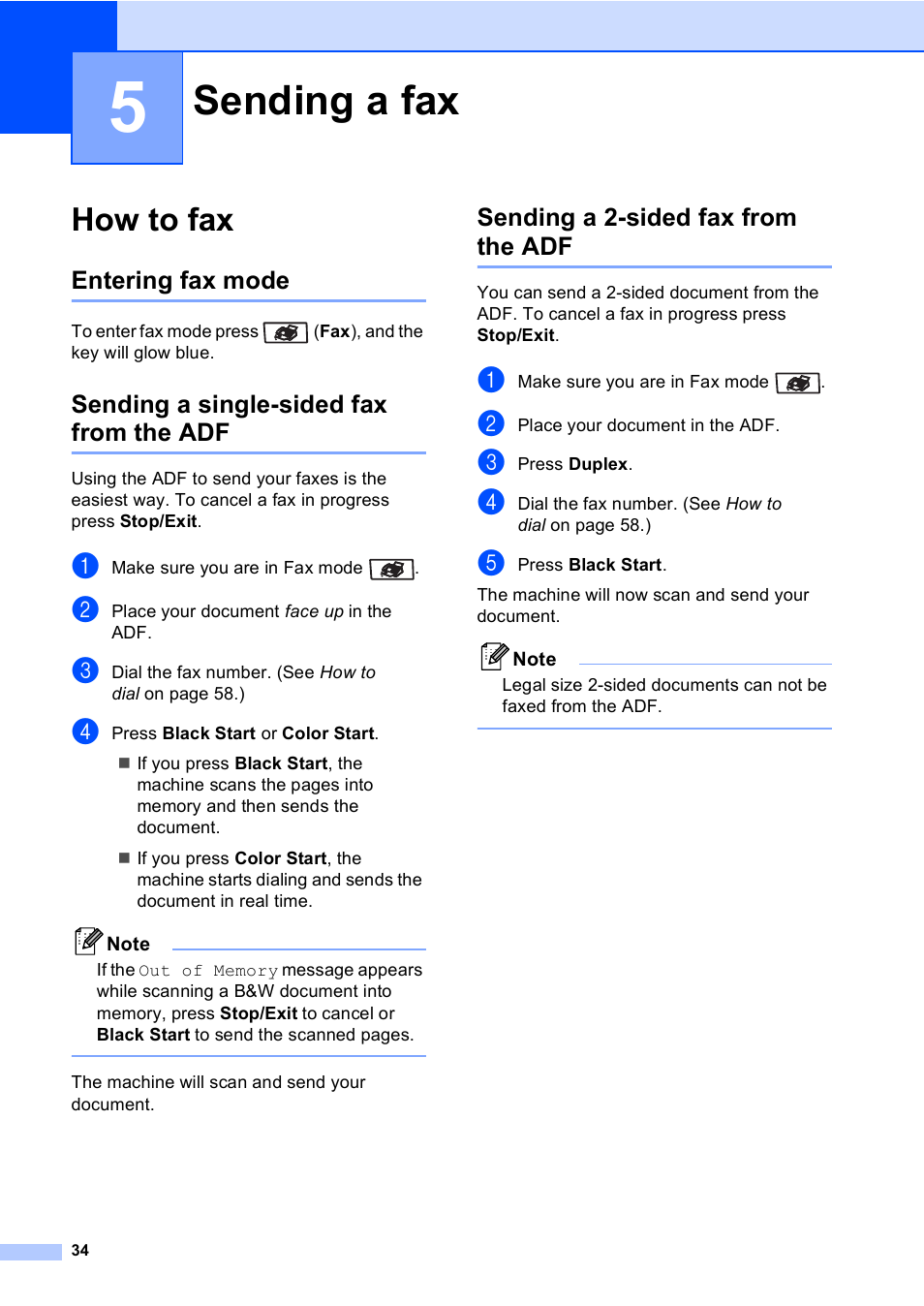 5 sending a fax, How to fax, Entering fax mode | Sending a single-sided fax from the adf, Sending a 2-sided fax from the adf, Sending a fax | Brother MFC 9840CDW User Manual | Page 50 / 265