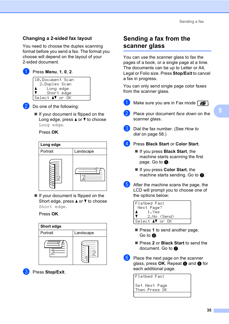 Changing a 2-sided fax layout, Sending a fax from the scanner glass | Brother MFC 9840CDW User Manual | Page 51 / 265