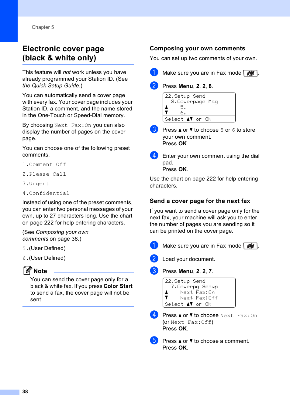 Composing your own comments, Electronic cover page (black & white only) | Brother MFC 9840CDW User Manual | Page 54 / 265