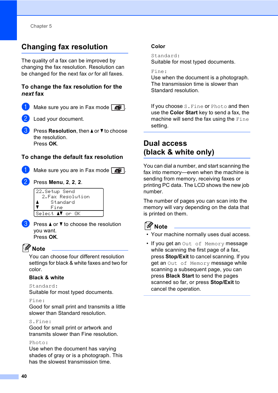Changing fax resolution, To change the fax resolution for the next fax, To change the default fax resolution | Dual access (black & white only) | Brother MFC 9840CDW User Manual | Page 56 / 265