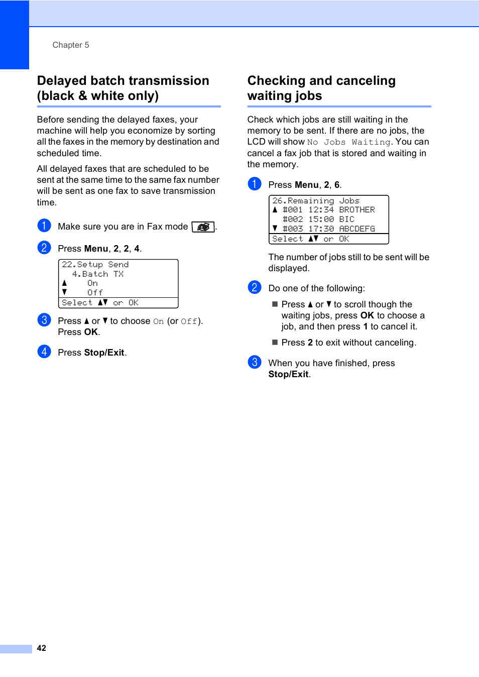 Delayed batch transmission (black & white only), Checking and canceling waiting jobs | Brother MFC 9840CDW User Manual | Page 58 / 265