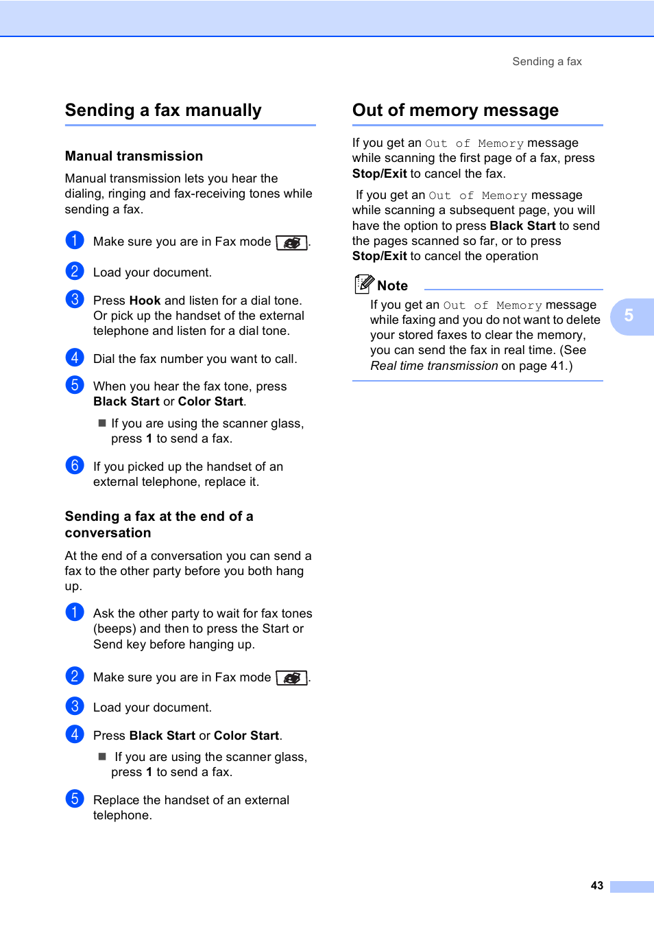 Sending a fax manually, Manual transmission, Sending a fax at the end of a conversation | Out of memory message, Sending a fax manually out of memory message, 5sending a fax manually | Brother MFC 9840CDW User Manual | Page 59 / 265