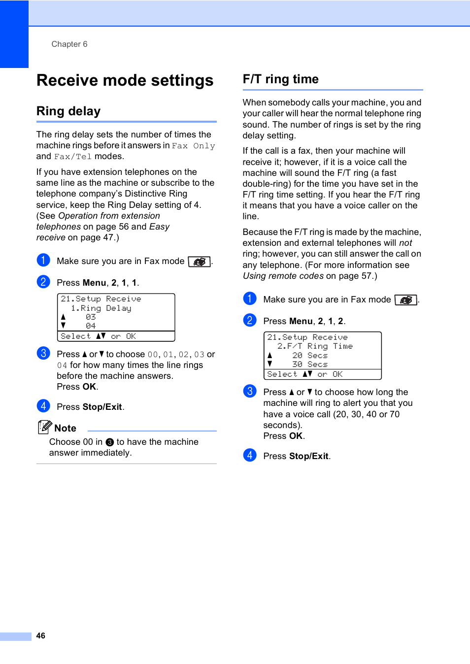 Receive mode settings, Ring delay, F/t ring time | Ring delay f/t ring time | Brother MFC 9840CDW User Manual | Page 62 / 265