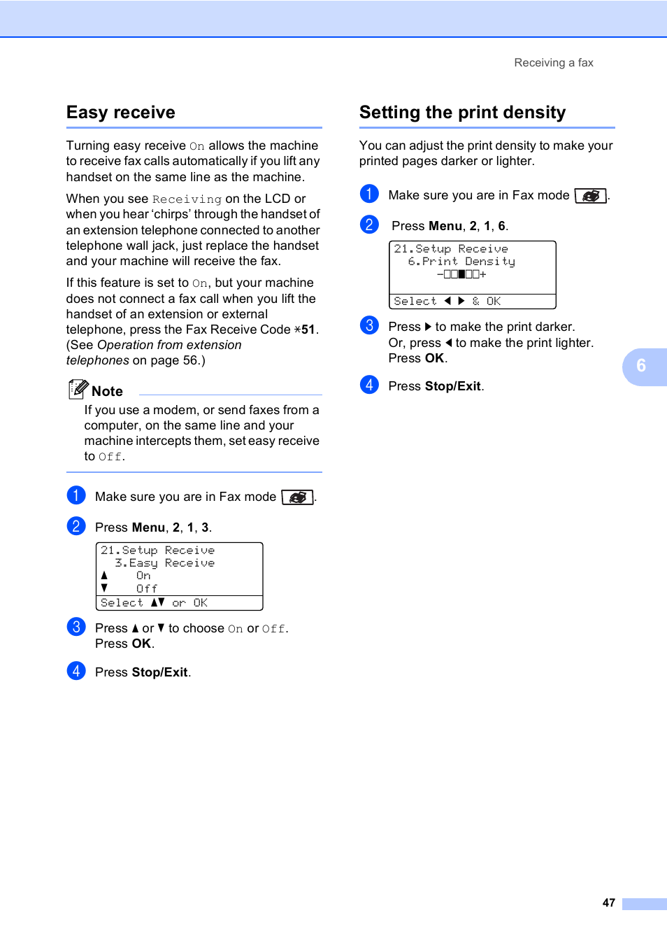 Easy receive, Setting the print density, Easy receive setting the print density | 6easy receive | Brother MFC 9840CDW User Manual | Page 63 / 265