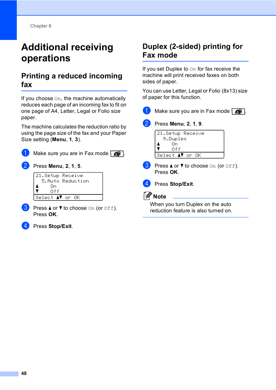 Additional receiving operations, Printing a reduced incoming fax, Duplex (2-sided) printing for fax mode | Brother MFC 9840CDW User Manual | Page 64 / 265
