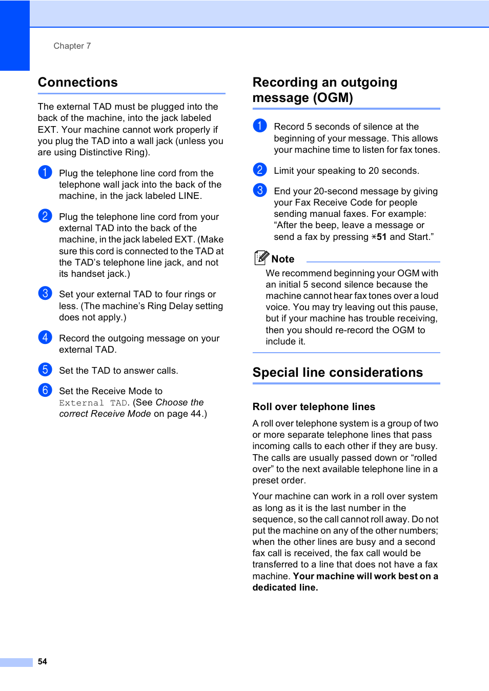 Connections, Recording an outgoing message (ogm), Special line considerations | Roll over telephone lines | Brother MFC 9840CDW User Manual | Page 70 / 265