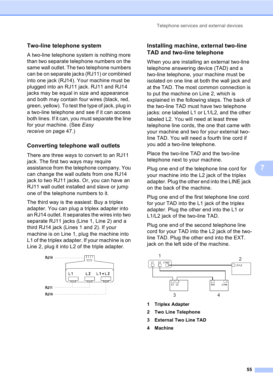 Two-line telephone system, Converting telephone wall outlets | Brother MFC 9840CDW User Manual | Page 71 / 265