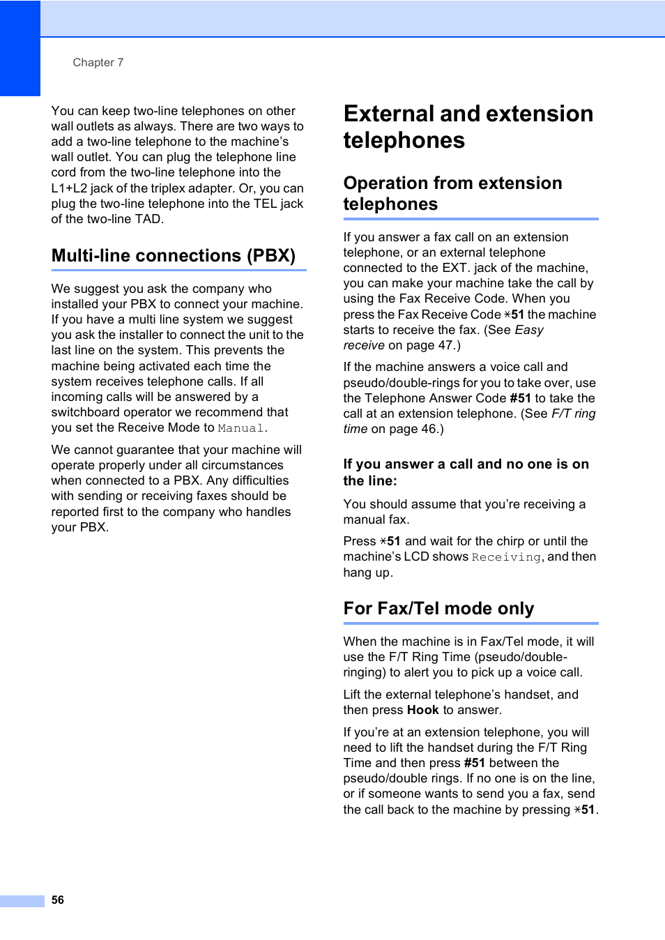 Multi-line connections (pbx), External and extension telephones, Operation from extension telephones | If you answer a call and no one is on the line, For fax/tel mode only | Brother MFC 9840CDW User Manual | Page 72 / 265