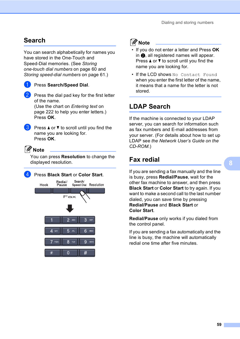 Search, Ldap search, Fax redial | Search ldap search fax redial, 8search | Brother MFC 9840CDW User Manual | Page 75 / 265