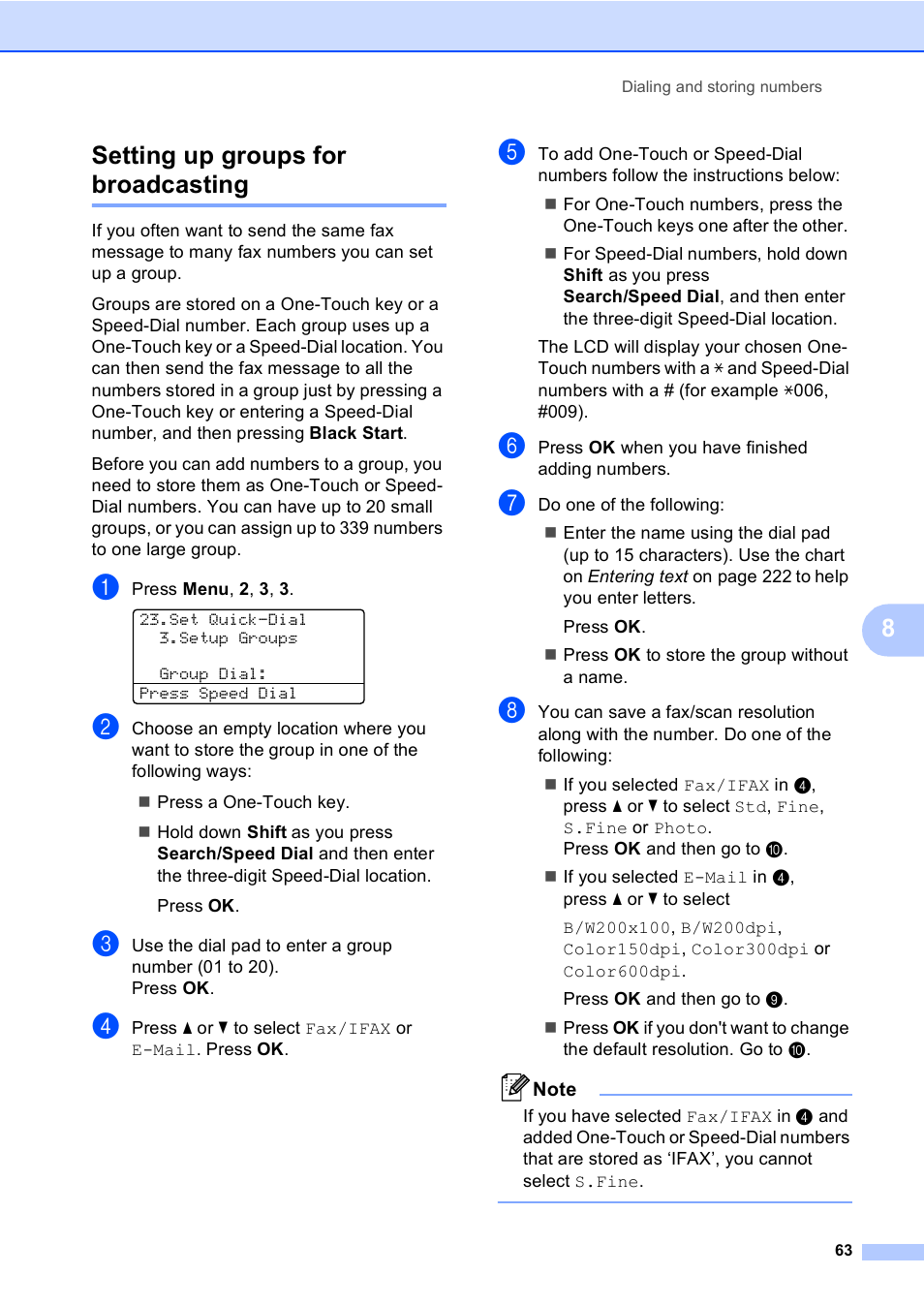Setting up groups for broadcasting, 8setting up groups for broadcasting | Brother MFC 9840CDW User Manual | Page 79 / 265